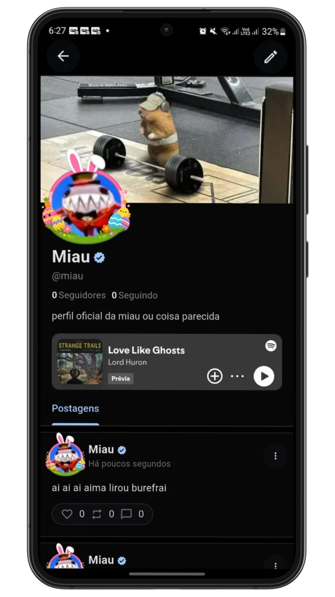Tela de perfil da Miau mostrando capa, avatar, selo de verificação, biografia, prévia musical e lista de postagens.