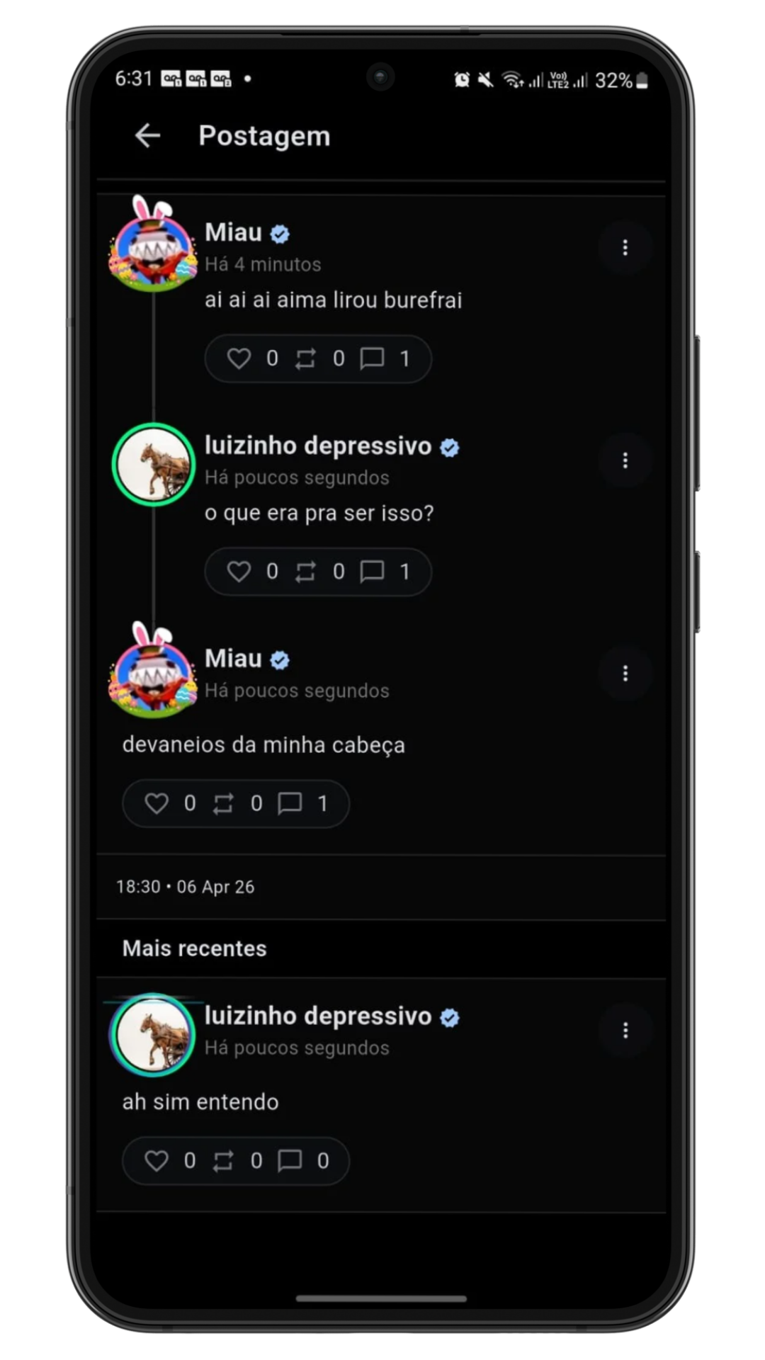 Tela de postagem da Miau mostrando respostas encadeadas, botões de interação e comentários recentes.