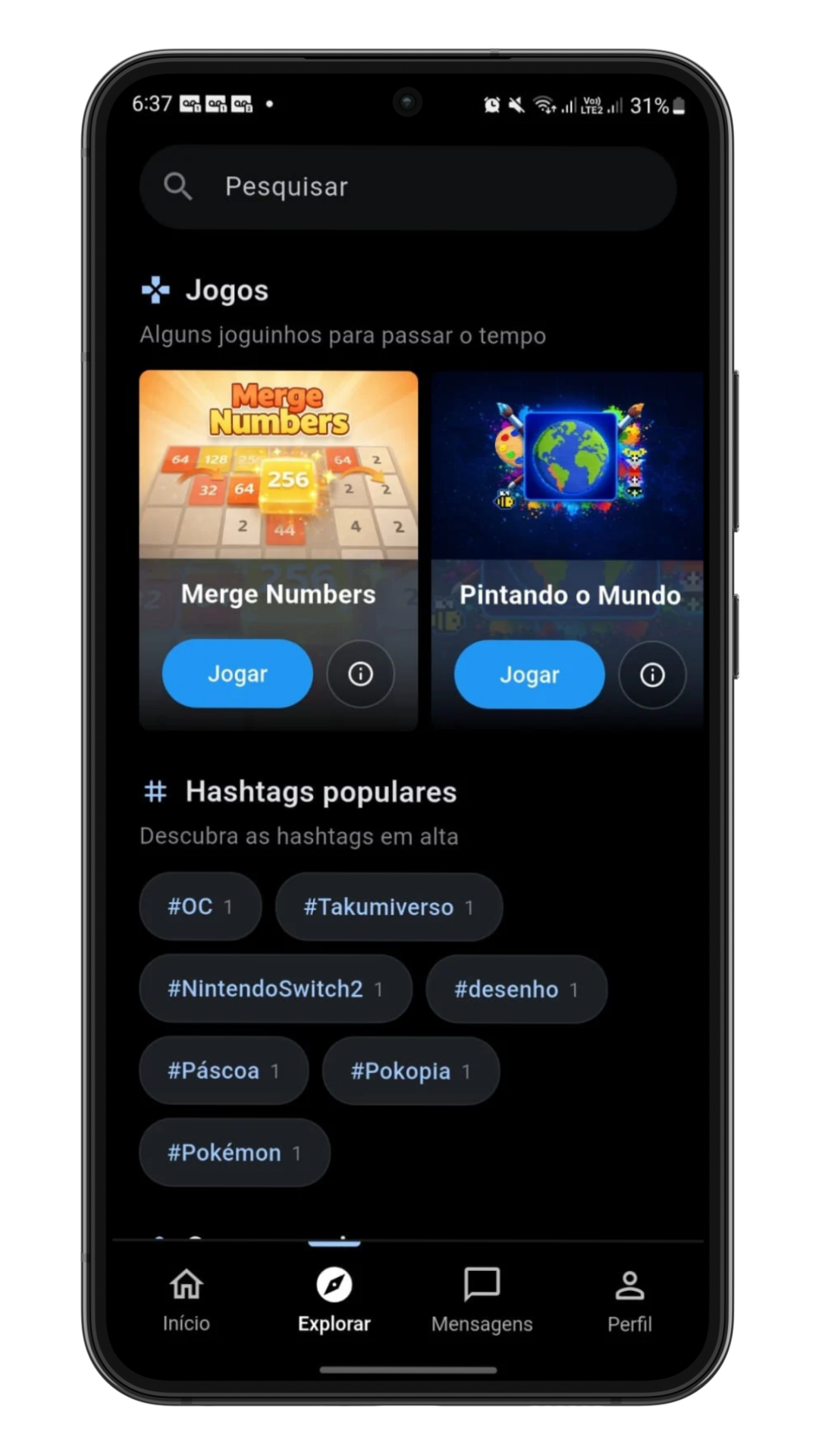 Tela Explorar da Miau com barra de busca, cartões de jogos e hashtags populares.